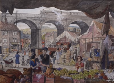 Lot 177 - Frederick Cecil Jones RBA (1891-1956) Market Day in a Pennine Town, Todmorden