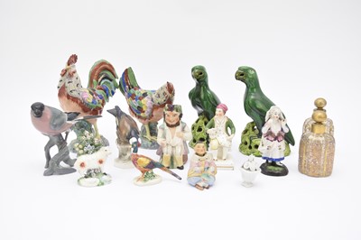 Lot 162 - Mixed ceramics including bird models of figures, with two gilded scent bottles