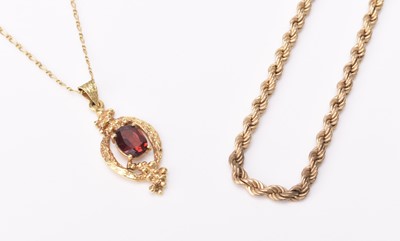 Lot 150 - A 9ct gold garnet pendant on chain and a 9ct gold rope twist chain