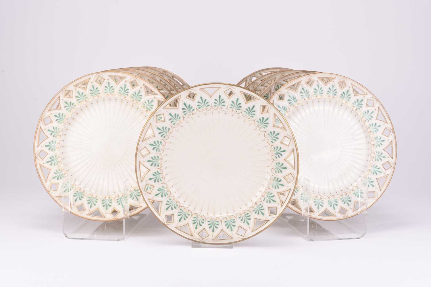 Lot 41 - A set of eleven Belleek 'Greek' dessert plates, 2nd period, circa 1891-1926