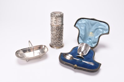 Lot 83 - A silver sugar caster, basket and cased egg cup and spoon