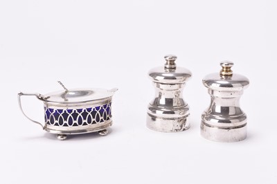 Lot 46 - A pair of silver salt and pepper grinders and a silver mustard