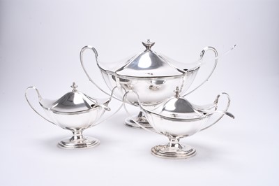 Lot 7 - An early 20th century silver serving tureen and a pair of sauce tureens