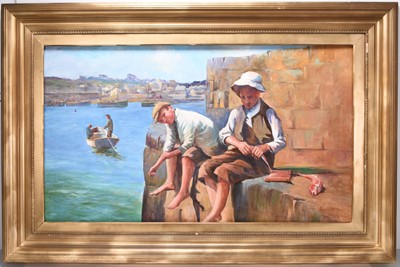 Lot 176 - A.F. Barrett (20th Century) Two Boys Fishing off the Harbour Wall