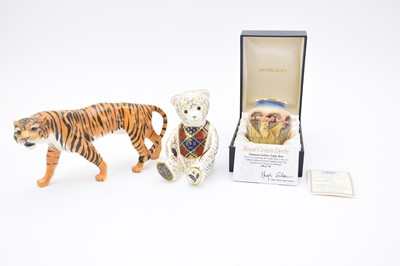 Lot 106 - Limited edition Moorcroft enamel vase and Royal Crown Derby teddy bear, with a Beswick tiger