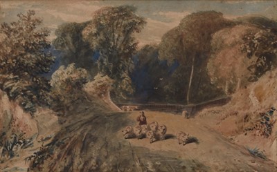 Lot 674 - Circle of David Cox (1783-1859) Shepherd Driving Sheep in a Woodland Landscape