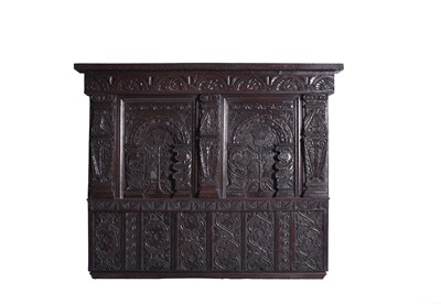 Lot 391 - A 17th century and later carved oak part headboard or overmantel