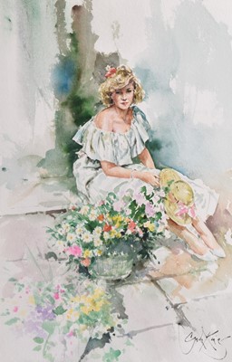 Lot 367 - Gordon King (1939-2022) Two Watercolours of Young Ladies with Flowers