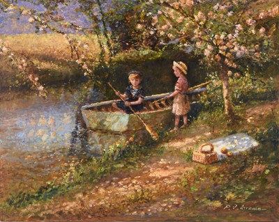 Lot 66 - Paul Attfield (b.1950) Children with a Rowing Boat