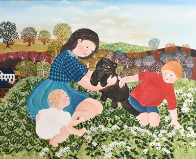 Lot 12 - Kate Collins (b.1948) Two Oils, Family with Cat and a Mother and Child