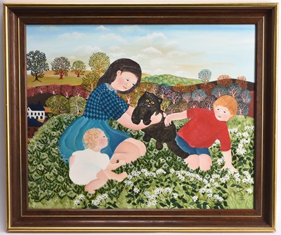 Lot 12 - Kate Collins (b.1948) Two Oils, Family with Cat and a Mother and Child