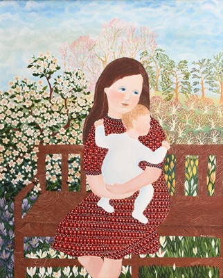 Lot 12 - Kate Collins (b.1948) Two Oils, Family with Cat and a Mother and Child