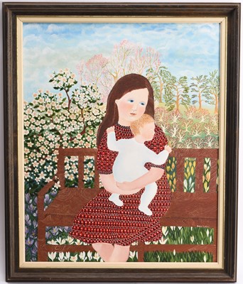Lot 12 - Kate Collins (b.1948) Two Oils, Family with Cat and a Mother and Child
