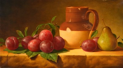 Lot 436 - Ron Haslam (20th Century) Still Life Study of Plums and a Pear beside a Jug