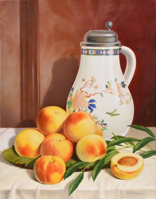 Lot 437 - Ron Haslam (20th Century) Still Life Study with Peaches and a Ewer on a Table