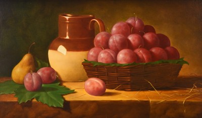 Lot 438 - Ron Haslam (20th Century) Still Life of Plums in a Basket