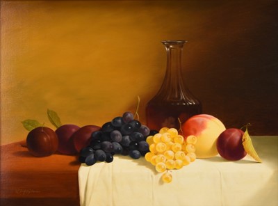 Lot 439 - Ron Haslam (20th Century) Still Life Study with Grapes, Plums and Peaches