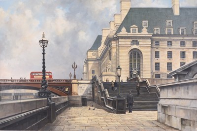 Lot 401 - John L Chapman (b.1946) Westminster Bridge with County Hall, London