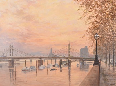 Lot 710 - John L Chapman (b.1946) Cheyne Walk, London, at Sunset