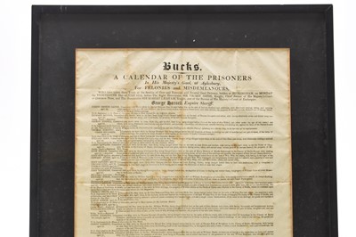 Lot 56 - BROADSIDE. Calendar of Prisoners in His Majesty's Gaol at Aylesbury, 13th July 1818