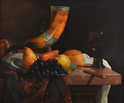 Lot 718 - Ron Haslam (20th Century) Still Life Study with Fruit, Wine and Drinking Horn