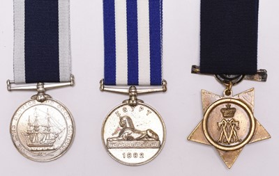Lot 127 - A Victorian group of three Royal Navy / Coastguard medals, including Egypt 1882, with paperwork