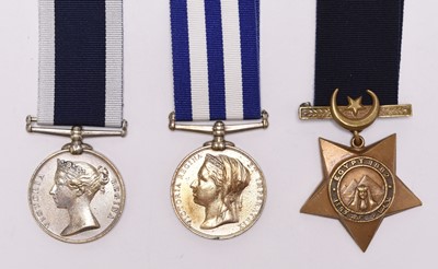 Lot 127 - A Victorian group of three Royal Navy / Coastguard medals, including Egypt 1882, with paperwork