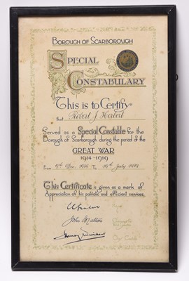 Lot 123 - WW1 Special Constabulary Certificate to Robert J. Herbert, Scarborough