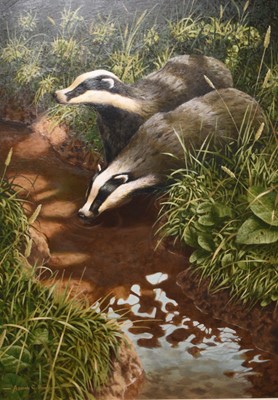 Lot 120 - Adrian Rigby (b.1962) Badgers Drinking from a Stream