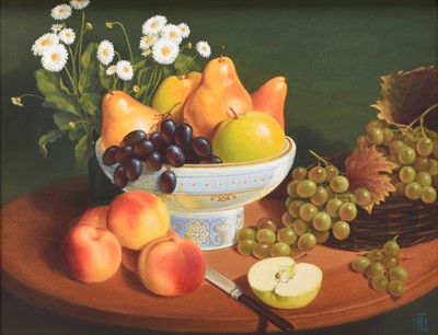 Lot 431 - Ron Haslam (20th Century) Still Life with Fruit and Daisies on a Circular Table