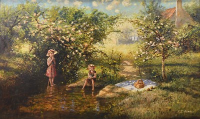 Lot 287 - Paul Attfield (b.1950) Two Girls Playing in a Country Stream