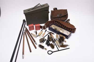 Lot 296 - Gun cleaning tools, together with cartridge bag, leather cartridge belt etc