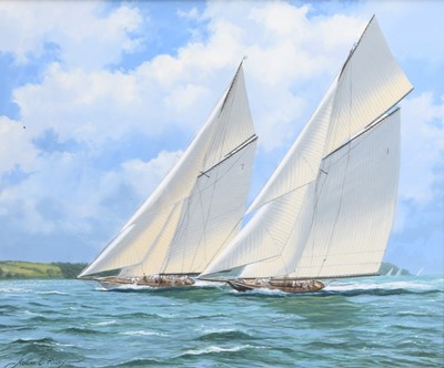 Lot 161 - Adrian Rigby (b.1962) Battle of J-Class Yachts, Yankee and Shamrock V