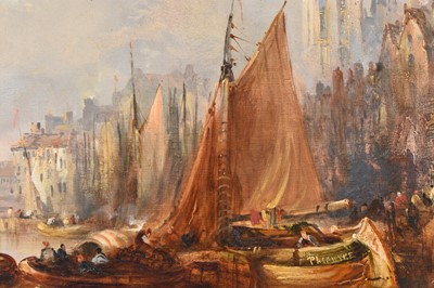Lot 368 - Attributed to Thomas Fenwick (fl.1835-1850) Fishing Boats at a Harbour Town