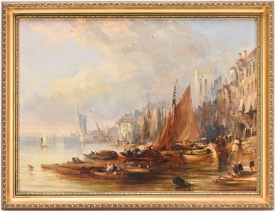 Lot 368 - Attributed to Thomas Fenwick (fl.1835-1850) Fishing Boats at a Harbour Town