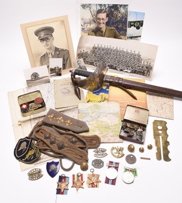 Lot 130 - Interesting WW2 grouping, Capt. Livesey, incl. medals, sword, hat, maps and insignia