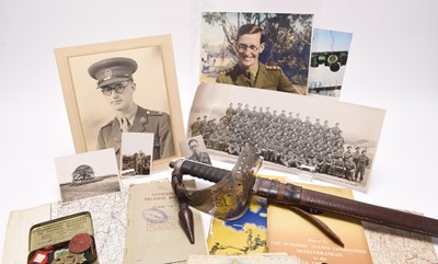 Lot 130 - Interesting WW2 grouping, Capt. Livesey, incl. medals, sword, hat, maps and insignia