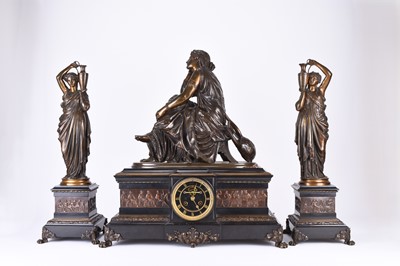 Lot 154 - A large and impressive French bronze figural and black marble clock garniture