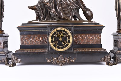 Lot 154 - A large and impressive French bronze figural and black marble clock garniture