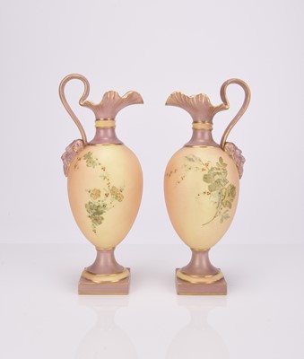 Lot 83 - A small pair of Royal Worcester blush ivory and pink ewer vases, dated 1898