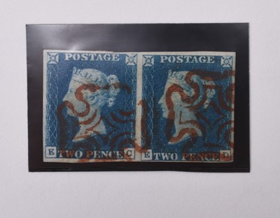 Lot 333 - Great Britain 1840 2d Blue imperf pair (EC/ED) 4 margin, superb used with Red MX cancels. ED shows the re-entry.