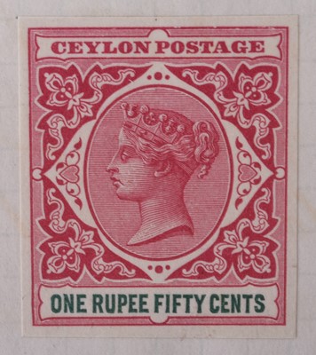 Lot 80 - Ceylon 1899 1R.50c. Colour trial on piece, presumably from the DLR archive, in rose with blue-green value. Annotated "whole red" with an "X".