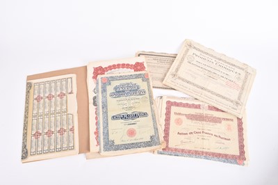 Lot 249 - Stamps, share certificates and bank notes; an accumulation of stamps on and off paper in packets plus 2 albums