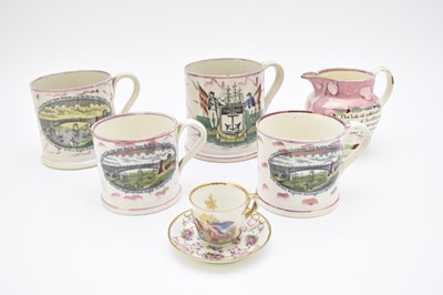 Lot 12 - Capodimonte cup and saucer with Sunderland lustre and prints