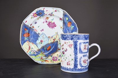 Lot 55 - A Chinese 'Tobacco Leaf' pattern plate and a famille rose mug