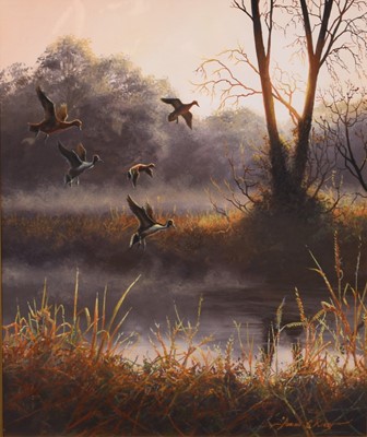 Lot 58 - Adrian Rigby (b.1962) Sunset Pintails