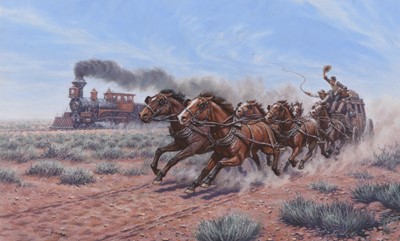 Lot 651 - John Michael Groves (1937-2019) A Coach and Six Racing a Train