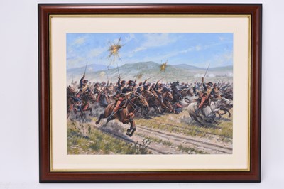 Lot 240 - John Michael Groves (1937-2019) British Hussars leading a Cavalry Charge