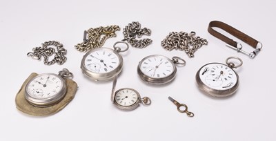 Lot 306 - A group of five silver and base metal pocket watches and watch chains