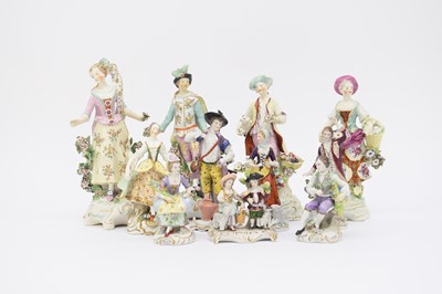 Lot 1 - Six Derby porcelain figures, 18th century; + a group of Continental porcelain figures, 20th century